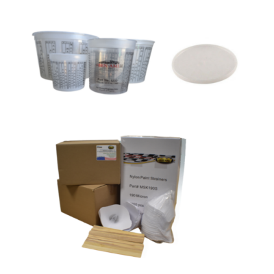 Mass King Mixing Cups, Lids, Painting Sticks, Crash Wrap and Strainer